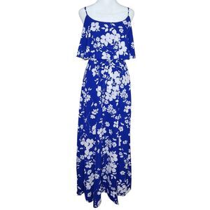 Premier Amour Maxi Dress Blue White Floral Flutter Top Self Tie Belt Size 2